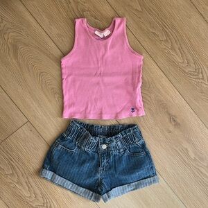 Zara + Cat & Jack outfit | pink ribbed tank + denim jean shorts
